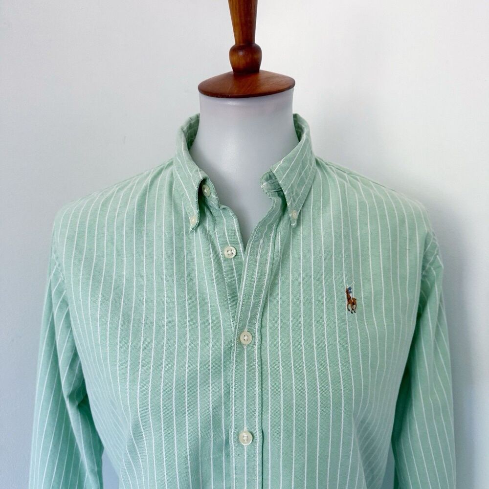 Womens Ralph Lauren Slim Fit Green Striped Flesh Pony Long Sleeve Shirt Size 12 - Picture 9 of 15